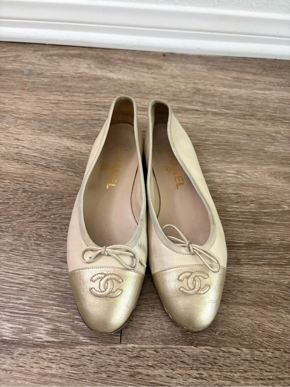 CHANEL Two-Tone Metallic Gold and Cream Ballerina Flats